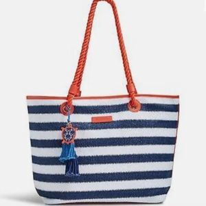 Vera Bradley Navy Blue And White Stripe Tote With Turtle Charm